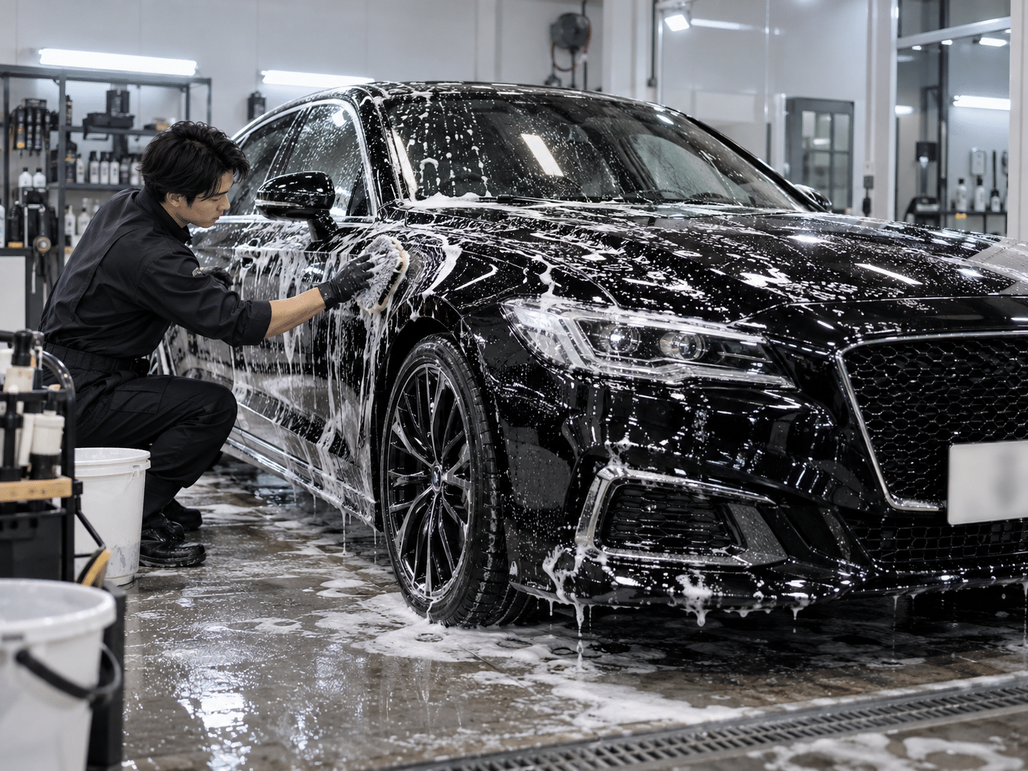輸入車の外装を丁寧に洗車している様子