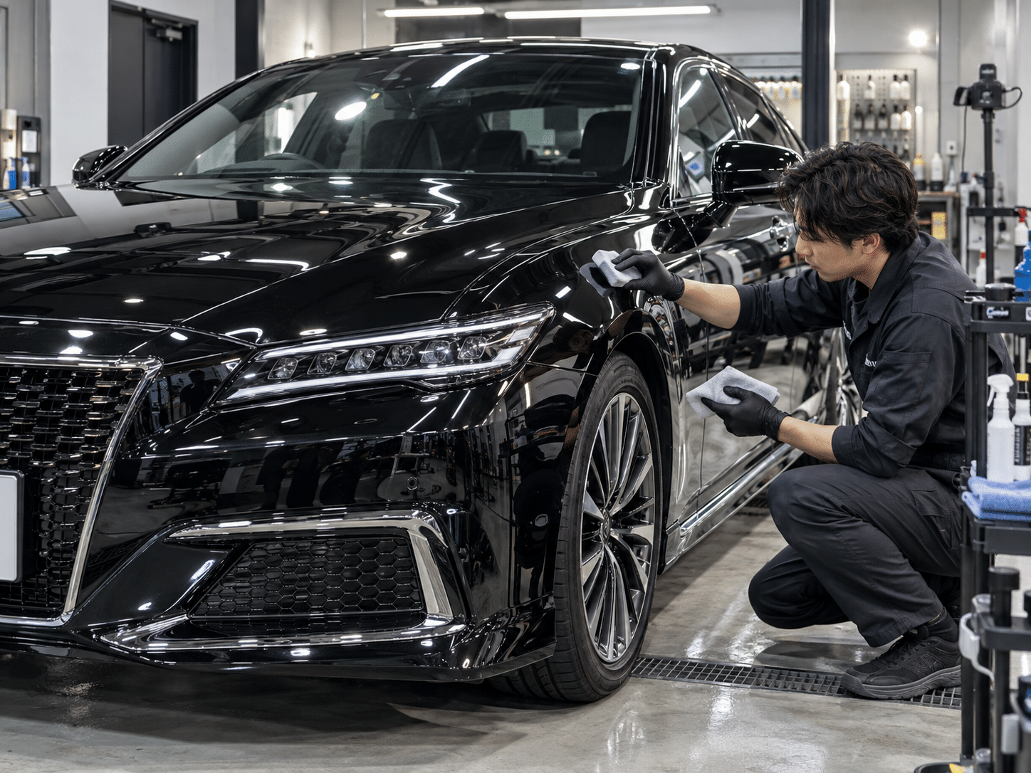 輸入車の塗装保護コーティングを塗布している様子