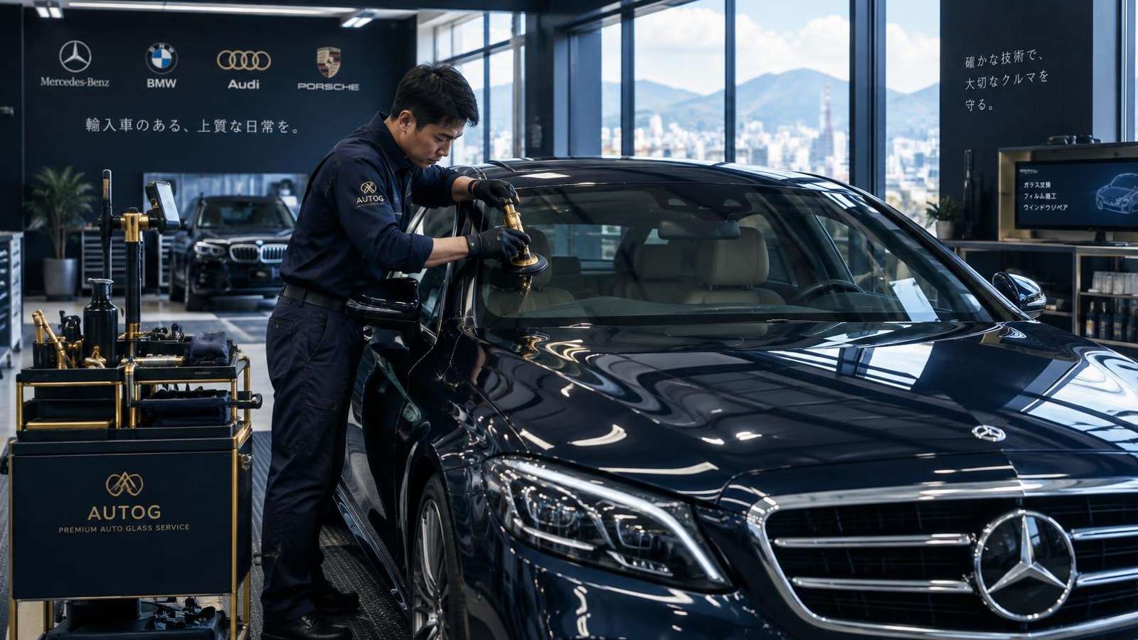 輸入車のフロントガラス交換を行うデポスト(株)横浜工場の整備士と高級輸入車