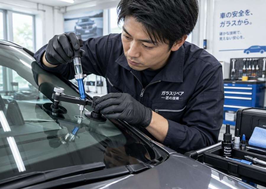 輸入車のフロントガラスの小さなヒビに専用レジンを注入するガラスリペア作業
