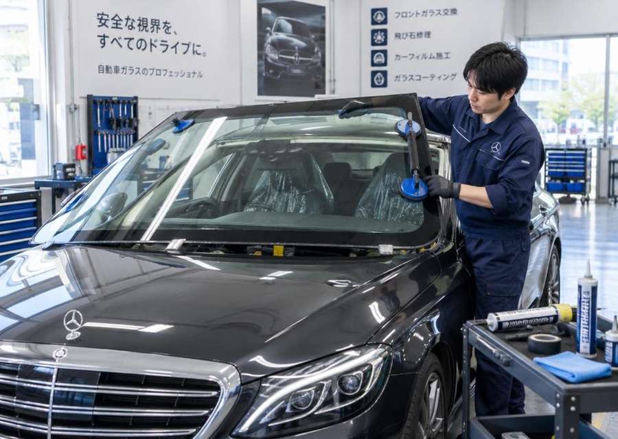 輸入車のフロントガラス交換のためウインドシールドを脱着する作業
