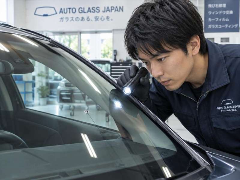 輸入車のフロントガラスに飛び石でできた小さなヒビを点検する整備士