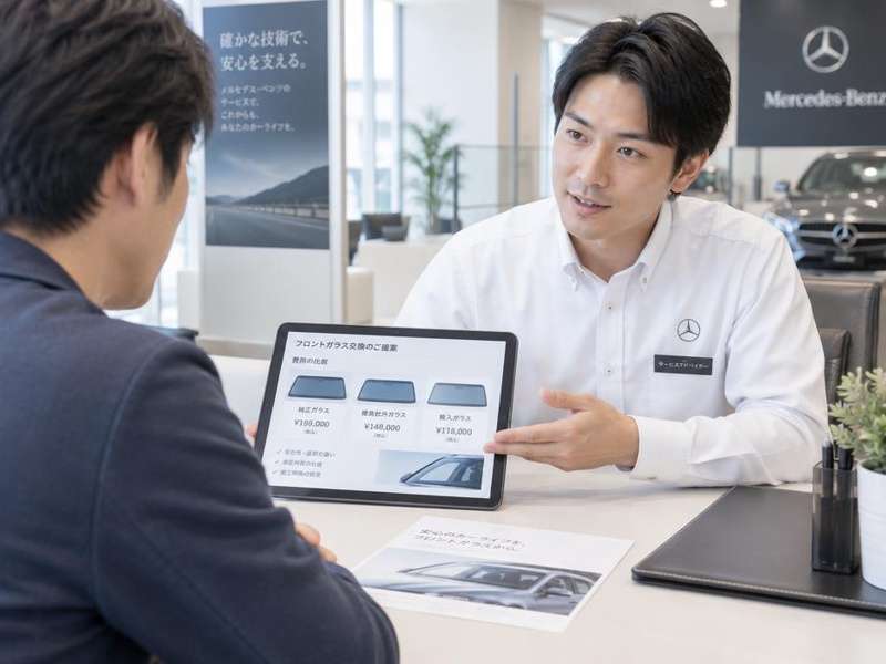 フロントガラス交換の見積りと費用の考え方を案内するスタッフ