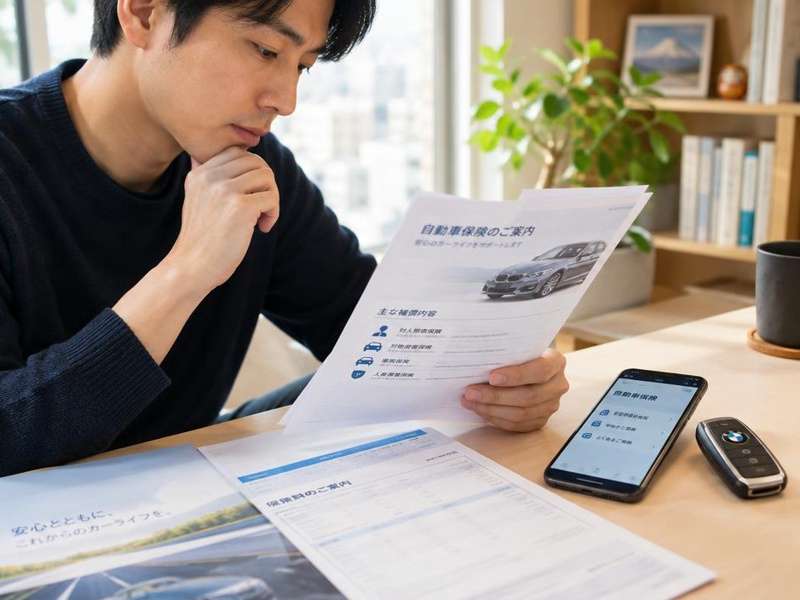 車両保険の書類とスマートフォンを確認して保険利用を検討する様子