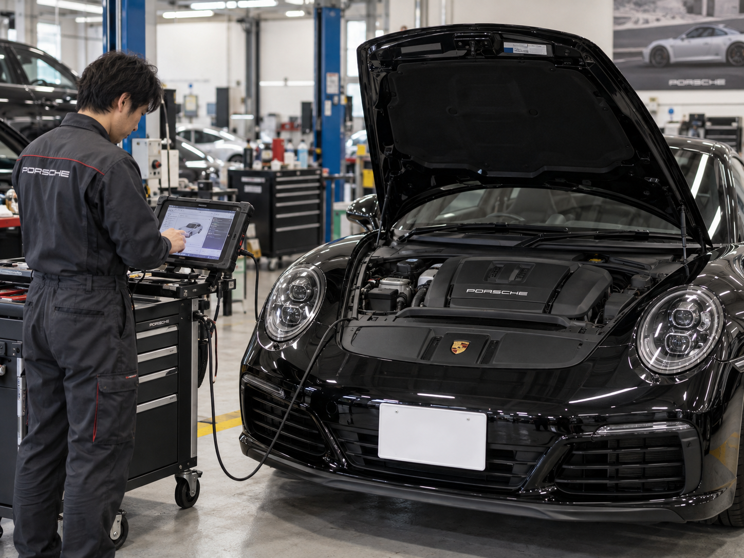 輸入車専用テスターでエアコンを診断する整備士