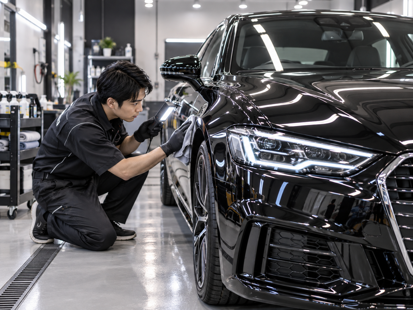 輸入車ボディガラスコーティング施工完了後の最終品質チェック・膜厚検査